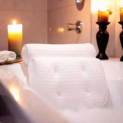 Top Home Solutions®Bath Pillow - Extra Thick and Soft with Strong Suction Cups, Bath Pillow For Head And Neck with 3d Air Mesh Quality Comfort & Built-In Hook For Easy Drying & Storage (White)