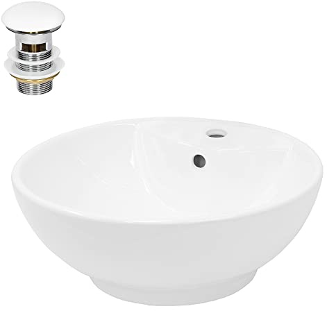 LuxeBath Waschbecken Keramik Weiß Ø455x185 mm rund mit Ablaufgarnitur Weiß, Aufsatzwaschbecken mit Überlauf, Aufsatzbecken Aufsatzwaschtisch Waschschale Waschplatz Handwaschbecken für Badezimmer