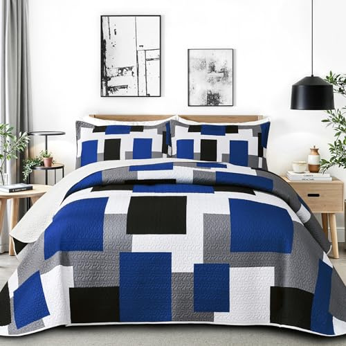 Tyrot 3 Piece Blue White Grey Quilt Set Full/Queen Size Black White Geometric Reversible Bedding Set Microfiber Lightweight Bedspread Coverlet with 2 Shams Modern Bed Covers for All Season, 90''x96''