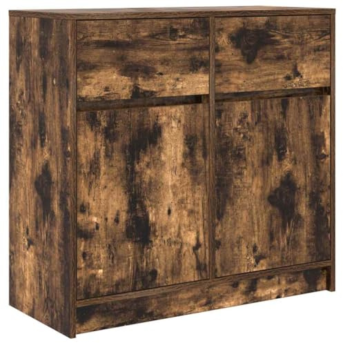 Makastle Modernes Beistellschrank, Sideboard mit 2 Schubladen & 2 Türen, Schmaler Schrank Anrichte Standschrank Flurschrank für Küche Wohnzimmer, Räuchereiche 80x34x76 cm Holzwerkstoff