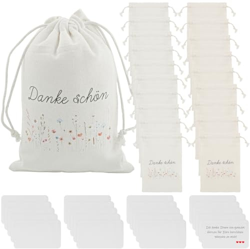 20 Stück Geschenktüten aus Stoff 10×15cm und 20 Blankokarten Geschenkbeutel Stoffbeutel mit Kordelzug Geschenksäckchen für Taufe Hochzeit Geburtstag Party Festivals (Danke Schön)