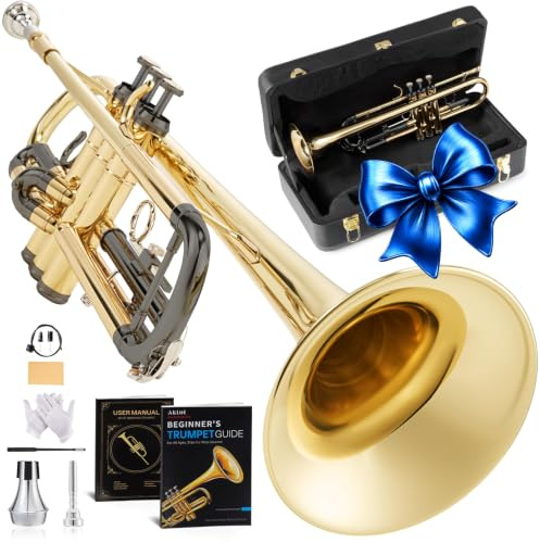 AKLOT Hand-Hammered Bell Bb Trumpet: Smooth Valve Action, Clear-Lacquered Brass Body, Standard Trumpet Beginner Set with Leather Case, Lesson Book, Trumpet Mute, Mouthpiece, Cleaning Kit (SNR-BrzBG)