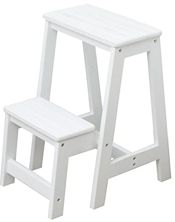 Sedia a scaletta in legno per uso domestico, sgabello pieghevole in legno a 2 gradini, sedia multifunzione per la cucina, scala di sicurezza antiscivolo per interni ed esterni, capacità 150 kg, bian