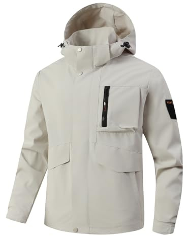 Generico Giacca Softshell Uomo - Giacca da Uomo Primaverile E Autunnale Tinta Unita con Cappuccio con Guscio Rigido Abbigliamento da Alpinismo alla Moda (Bianco M)