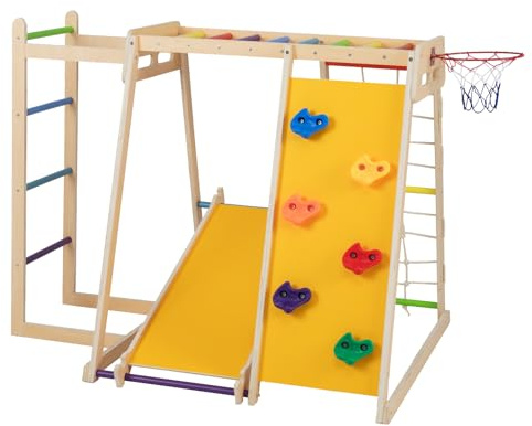 DREAMADE 7 in 1 Klettergerüst Indoor, Spielplatz mit Kletterwand, Kletternetz, Basketballkorb & Rutsche, Kletterturm mit umkehrbarem Kletterbrett & Kletterstange, für Kinder ab 3 Jahren (Bunt)
