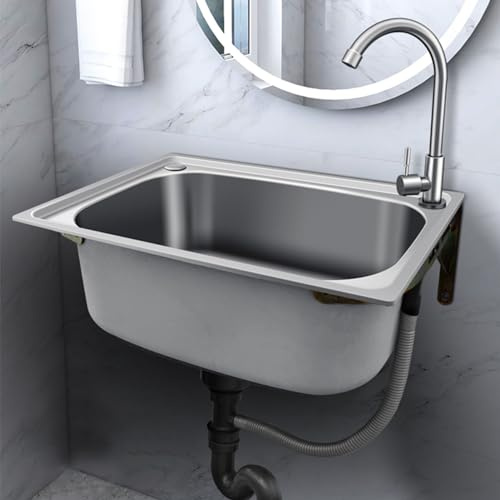 WIQUYBML Lavello a Parete con Vasca Singola, Stazione lavamani per Cucina Commerciale con Rubinetto dell'Acqua, in Acciaio Inox per Lavanderia Interna, Garage, Ristorante (48x35 cm)