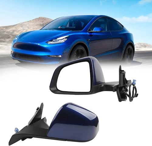 Dasbecan Side Rear View Mirror Compatible with 2020-2024 Tesla Model Y Door Rearview Mirror Heated Power Glass Mirror Memory Power Folding Driver Left 1594111-00-C 159411100C(13pin Deep Blue)