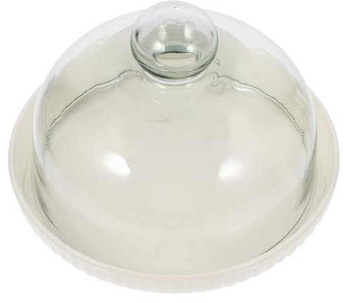 Angoily Plateau de Présentation à Desserts 18 Cm en Céramique Ivoire avec Cloche en Verre Transparent, Plateau de Service pour Pâtisseries et Collations, Présentoir à Gâteaux Polyvalent
