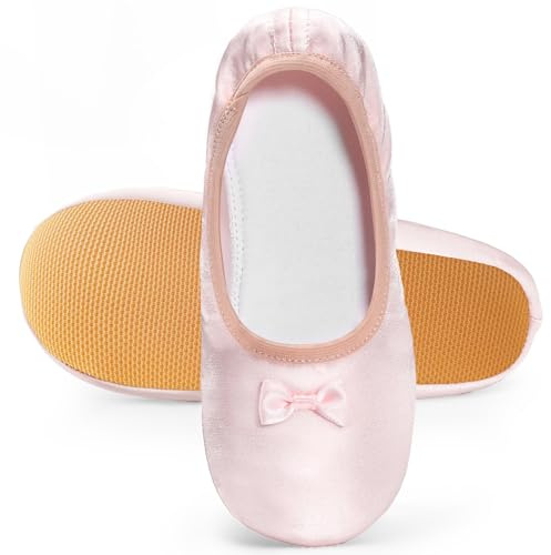 Comfyouth Turnschläppchen Mädchen Satin Gymnastikschuhe Mädchen Rosa Schläppchen Kinder mit Schleifen Baumwollfutter Turnschlappen Oxford-Sohle Turnpatschen