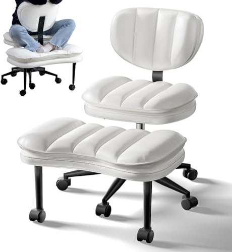 HOMRELEXA Bürostuhl mit Kreuzbeinen, 360° drehbar, Ergonomischer Kniestuhl | Criss Cross Schreibtischstuhl mit Verstellbarer Höhe, ADHS-Meditationsstuhl mit Rückenstütze, Cloud PU-Leder, Weiß