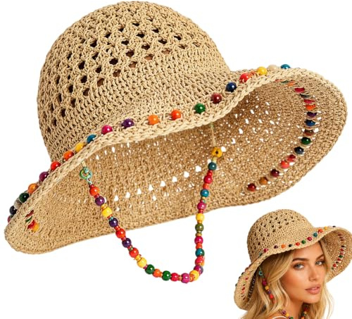 Bafutayawa Sonnenhut Damen Strohhut, Boho Regenbogen Perlen Sommerhut Damen, Faltbarer Strandhut Damen mit Breitem Schild für Reisen