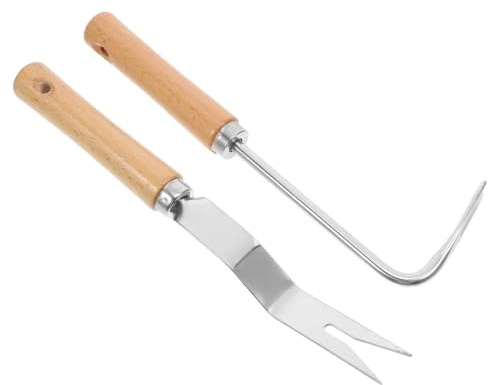 LAPYAPPE 2 Pièces Désherbeur Manuel de Jardin, Outil D’arrosage des Racines D’Arbres en Acier Inoxydable et Bois, Kaki, Portable et Compact, pour Jardin et Ferme