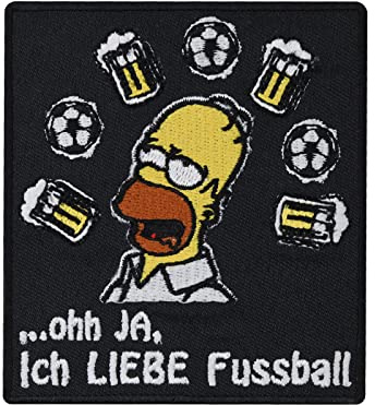 Fussball Aufnäher lustig - Homer Simpson Patch Ich liebe Fussball Bügelbild bestickt für Trikot - Fussball Geschenk Sport DIY Stoff-Applikation Shirt/Jacke/Tasche - 90x80mm