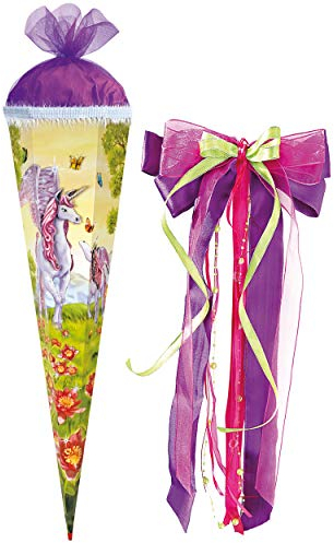 Schultüte - Einhorn - Pegasus/Pferd Unicorn - 85 cm - eckig - incl. große Schleife - Tüllabschluß - Zuckertüte - mit Holzspitze - Roth - Schultütenschle..