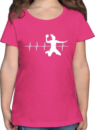 T-Shirt Mädchen - Kinder Sport Kleidung - Handball Herzschlag für Damen - 140 (9/11 Jahre) - Fuchsia - Outfit Sportshirt 25. Geburtstag Handballerin Tshirt Sport-Shirt Shirt Kurzarm wm Shirts t