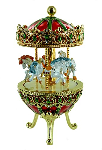 Musikalisches Ei im Fabergé-Stil aus Metall mit Spieluhr, Karussellpferden und 18-Ton-Federspielwerk - Der Walzer von Johannes Brahms