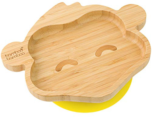 bamboo bamboo Plato de bebé y niño pequeño para alimentar y destetar, plato de bambú con succión segura, placas de succión para bebés a partir de 6 meses (mono, amarillo)