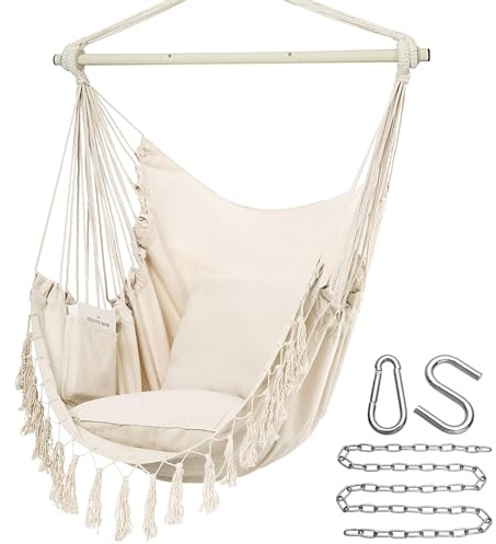 Y- STOP Hammock Chair Hanging Rope Swing, Max 500 Lbs, 2 Cushions Included, Large Macrame Hanging Chair with Pocket for Superior Comfort, with Hardware Kit (Beige)