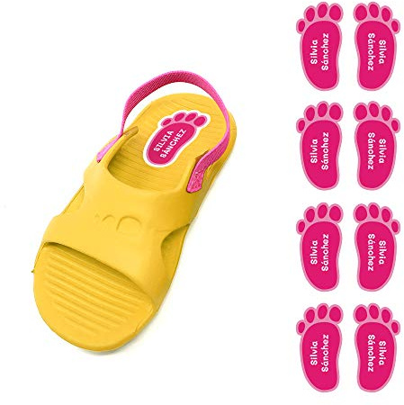 8 Paar Fußförmige Klebeetiketten für Schuhe, Personalisierte Namensschilder, Vielseitig einsetzbar, 21 x 37,5 mm, Modell 5, Inklusive Schutzlaminat - Farbe: Rose, Material: Vinyl