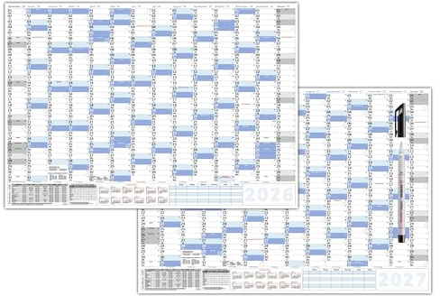 XXL Wandkalender DIN B1 2026 + 2027 blau, nass abwischbar + Folienstift Format 100 x 70cm Jahresplaner Wandplaner gerollt Neutraler Kalender Feiertage aller Bundesländer