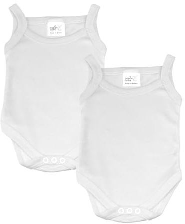 Baby Vests, Sleeveless Baby Bodysuits, 100% Cotton Strap Shoulder Newborn Vests, British Made for Boys or Girls, 2 Pack, White, 6-12 Months