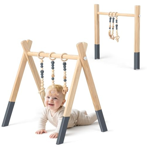 COSTWAY Palestrina Bambini in Legno, Giocattolo a Trapezio Pieghevole Neonati, Montessori Arco da Gioco, per Bambini 3+ Mesi (Grigio)