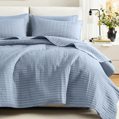 Comfort Spaces Kienna - Set di biancheria da letto con trapuntatura double-face, leggera, morbida, per tutte le stagioni, con fodera coordinata, blu, copriletto per letto matrimoniale (228,6 x 228,6