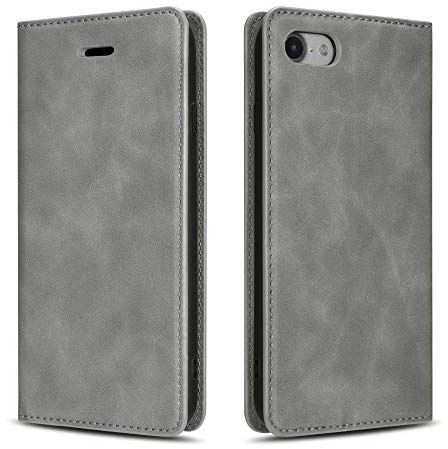 QLTYPRI Hülle für iPhone 7 Plus 8 Plus, Premium Dünne Ledertasche Handyhülle mit Kartenfach Ständer Flip Schutzhülle Kompatibel mit iPhone 7 Plus 8 Plus - Grau | Retro PU Leder Klapphülle, Handyhülle mit 3 Kartenfächer, Standfunktion, Weicher Dünne TPU-Rahmen, Stoßfeste Flip Wallet Case