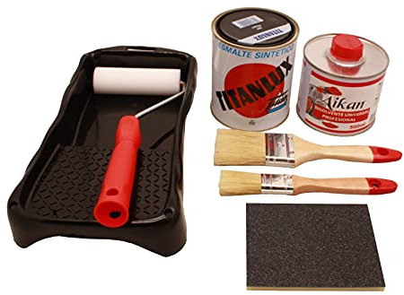 Esmalte sintético mas disolvente profesional, juego de pintura titanlux mas disolvente mas 2 brochas (del 12 y del 24) mas cubeta con rodillo pequeño mas esponja de lija. (Blanco)