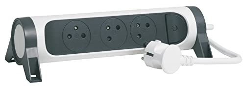 LEGRAND - Regleta giratoria con Interruptor LED – 3 Tomas de Superficie con Tierra – Cable 3 m – Blanco y Gris Oscuro