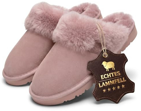 Rohn Moden Lammfell Hausschuhe Talea für Damen, echt Schaffell Pantoffel, atmungsaktive Pantoletten, Slipper mit fester EVA-Sohle in Premiumqualität, Schlappen in rose (numeric_41)