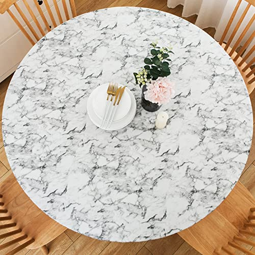 LIBERECOO Round Vinyl Fitted Tablecloth with Flannel Backing Elastic Edge Table Cover Waterproof Stain-Resistant Wipeable Tablcloths Fits 40-44 Round Tables