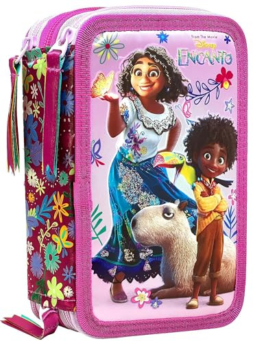 Clondo Mädchen 3-Fach Federmäppchen für Encanto-Fans – 44-teilig, komplett gefüllt – mit Schere, Lineal, Buntstiften – Rosa – Ideal für Schule & als Geschenk - Mirabel, Antonio