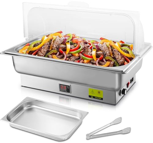 THXSUN 700W Electric Chafing Dish, 9QT Chafing Dish Buffet Set with Rotary Knob to Adjust Temp from 0°C~100°C, Full Size Buffet Servers and Warmers with Roll Top & Temp Display