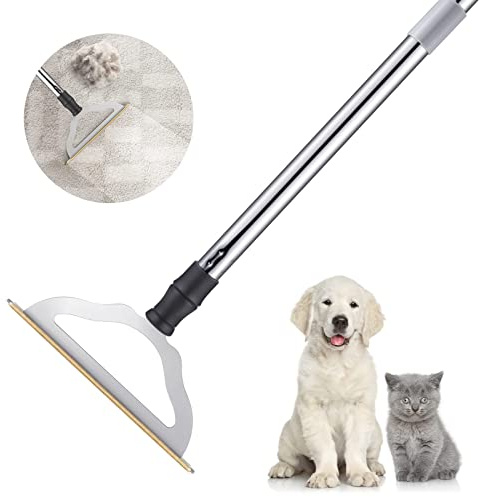 47“ Adjustable Long Handle Carpet Rake Pet Hair Remover, Reusable Large Metal Lint Remover Brush for Embedded Fur Removal from Low Pile Rugs Stairs, Carpet Brush Scraper Dog Cat Hair Remover Broom