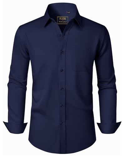 J.VER Mens Shirts Long Sleeve Formal Regular Fit Stretch Non Iron Business Casual Work Office Meeting Dating Dress Shirt with Pocket Navy 4XL