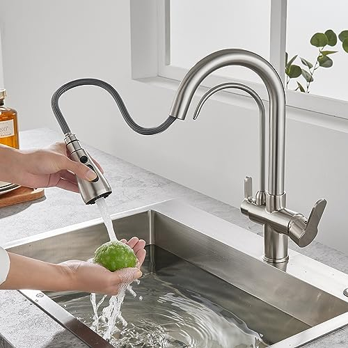 KINKIBOS 3 Wege Wasserhahn Küche mit Ausziehbar Brause für Wasserfilter, Messingkörper, 360° Schwenkbare Küchenarmatur, Mischbatterie mit Trinkwasserhahn, Gebürstetes Nickel