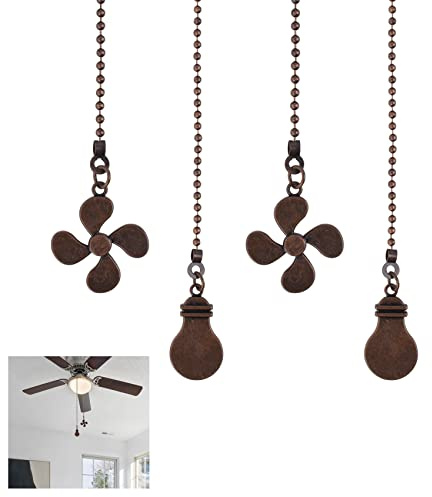 4PCS Ceiling Fan Pull Chain, 14 Fan Light Pull Chain Extra Long with 4 Leaf Light Bulb, Ceiling Fans Chains Extension with Ball Chain-connector, Lighting Ball Chains Pendant Decoration (4*Red Bronze)