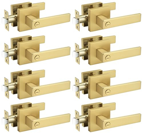 Probrico 8 Pack Gold Privacy Door Handles,Heavy Duty Satin Brass Door Knobs with Lock for Bedroom and Bathroom,Square Interior Keyless Locksets
