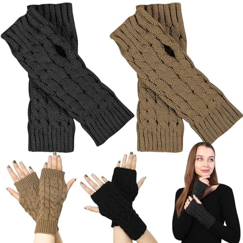 Brateuanoii 2 Paar Fashion Fingerlose Handschuhe, Halb Fingerlose Handschuhe, Strick Handschuhe Ohne Finger, Pulswärmer Stulpen Mit Daumenschlitz, Handstulpen, Warm Kurzer Halb Handstulpen Unisex