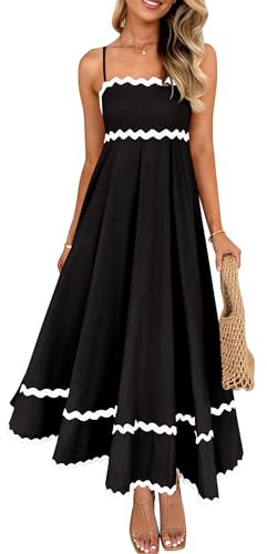 ZESICA Women's 2025 Summer Spaghetti Straps Sleeveless Backless Sundress Flowy Smocked Lace Swing A Line Midi Dress,Black,Medium