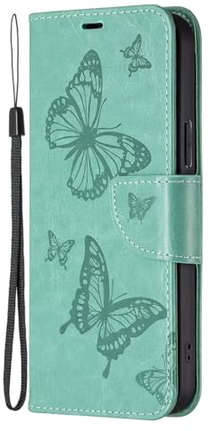 FMPCUON Handyhülle für iPhone 13 Pro Hülle mit Schmetterling Muster Hülle, Flip Lederhülle Tasche Case Magnet Kartenfach Schutzhülle Standfunktion für iPhone 13 Pro, Grün