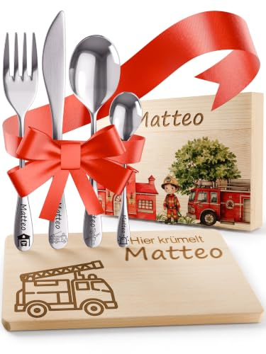 DEschenk personalisiertes Kinderbesteck mit Namensgravur | Besteck Kinder mit Gravur | Kindergeschirr personalisiert | Weihnachtsgeschenke für Babys | Taufgeschenk (Feuerwehr Set)