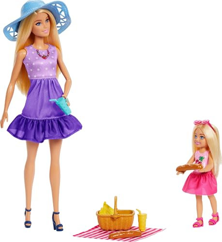 Barbie Family & Friends Spielset aus Puppen und Accessoires, Spielset mit Picknick-Thema, Mode, kleinen Puppen und 9 Accessoires inkl. Essen, JBF43