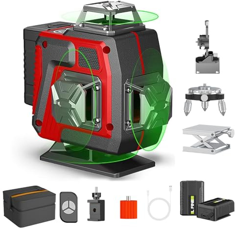 Niveau Laser,4D 16 Lignes Laser Niveau mit Auto-Nivelant Laser Vert à Ligne Croisée Verticale et Horizontale avec 2 * Batteries, avec Sac en Tissu Pratique pour la Décoration de La Maison