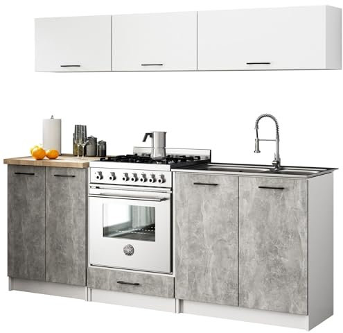 AKORD | Juego de muebles de cocina Olivia 2 m G1 | Cocina completa pequeña | Componible | a medida 46 x 180 x 174 cm | Para un diseño moderno y tradicional | Blanco y cemento frontal