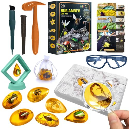 YATOSEEN Kit de Fouille D'ambre - Kit de Fouille de Fossiles D'ambre avec 6 Pierres Précieuses en Résine D'insectes Artificielles Différentes, Excavez des Spécimens D'insectes 6+