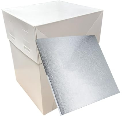 LARRYROO 12 x 12 Tall White Cake Box with Adjustable Height & Silver Square Cake Drum Board Combo - Height from 20cm to 30cm