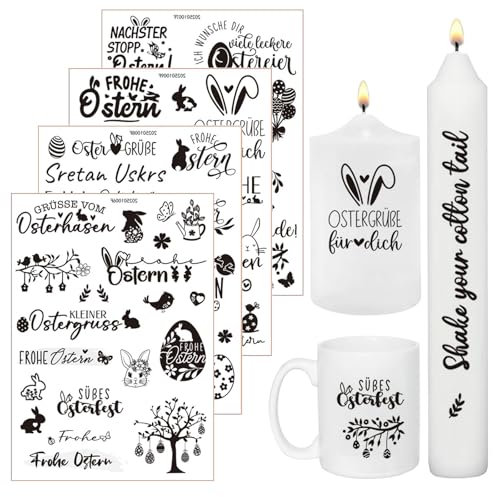 LunarCharm 4 tatuajes para velas de Pascua, impresión de transferencia de agua, decoración de conejos y huevos de Pascua, velas, pegatinas para velas, decoración de velas, color negro