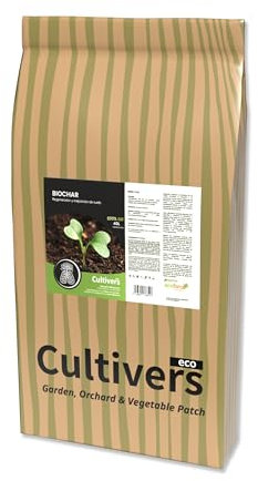 CULTIVERS Biochar Carbón Vegetal 40 L (8kg) Mejorador de suelo ecológico para huerto, césped, compost y plantas, Biocarbón acondicionador potencia fertilidad retiene agua y nutrientes y secuestra CO₂
